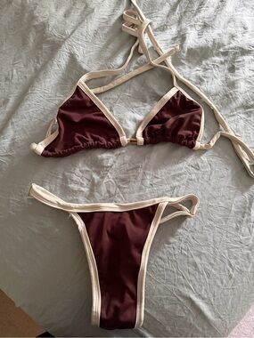 NWOT Two-Piece Brazilian Thong Bikini Set in Brown with Cream Trim